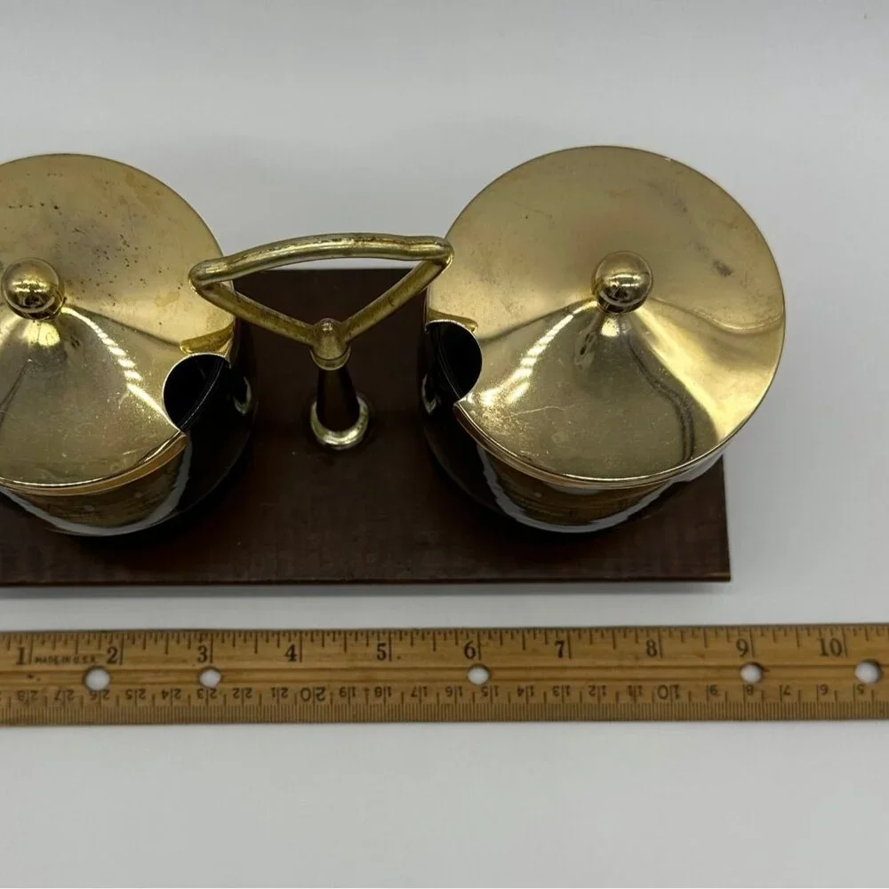 Vintage Condiment Serving Dish Wood Tray Smokey Glass Bowls Retro Gold Brown - Picture 9 of 9